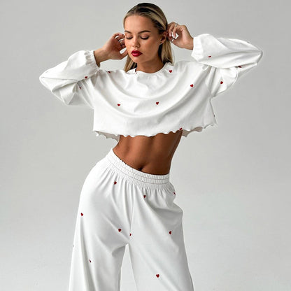 Kalp Baskılı Uzun Kollu Crop Pijama Takımı