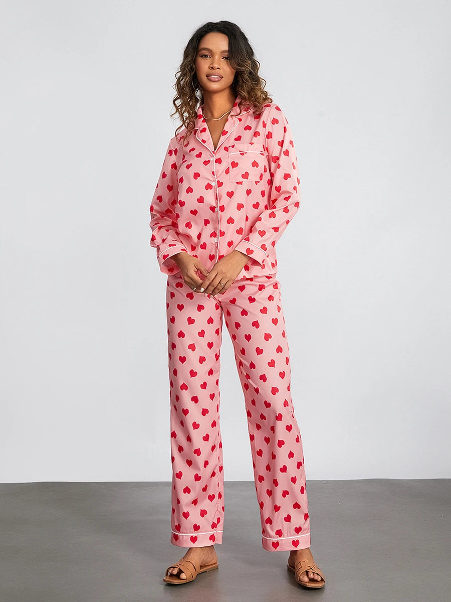 Pembe Kalp Baskılı Pijama Takımı