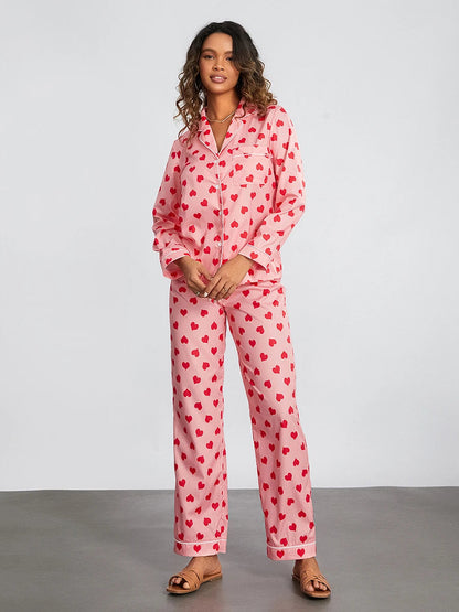 Pembe Kalp Baskılı Pijama Takımı