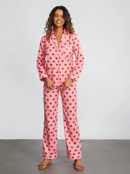 Pembe Kalp Baskılı Pijama Takımı