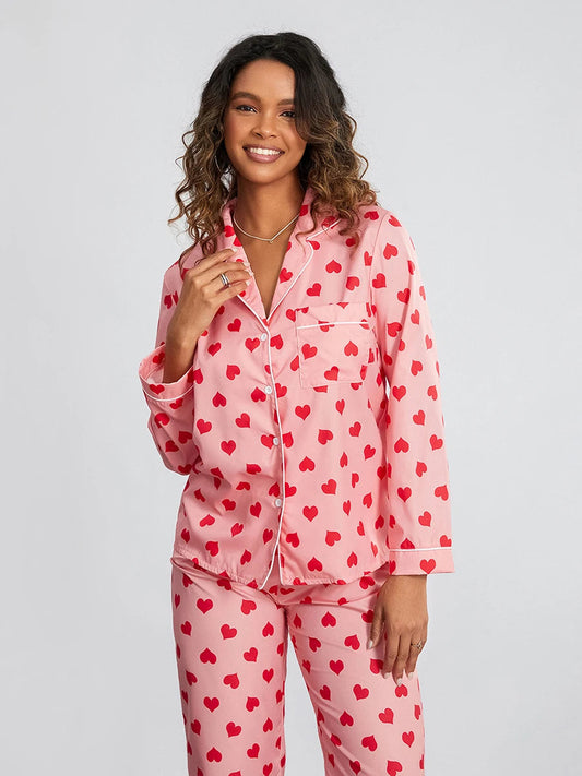 Pembe Kalp Baskılı Pijama Takımı